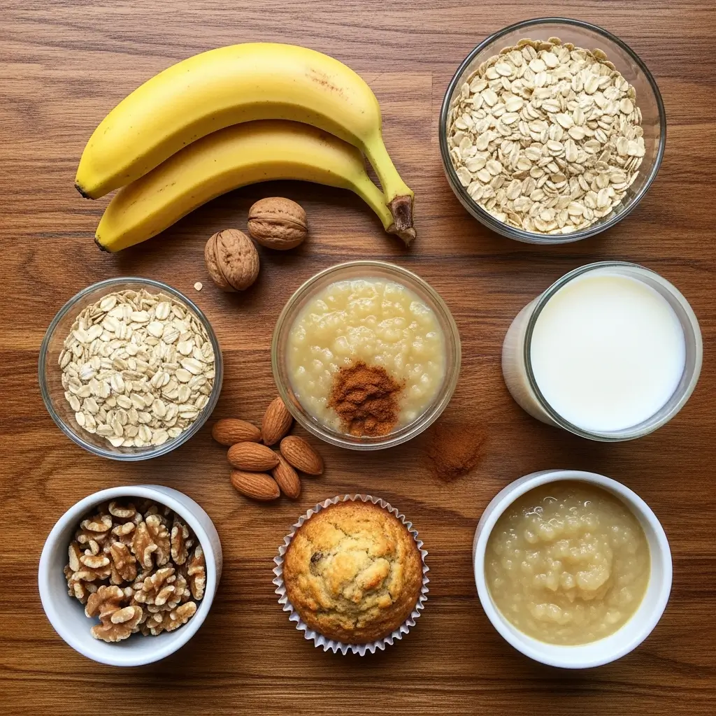 Banana Oatmeal Muffins ingredients flat lay