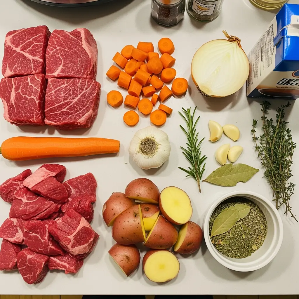 Crockpot Beef Stew ingredients on table