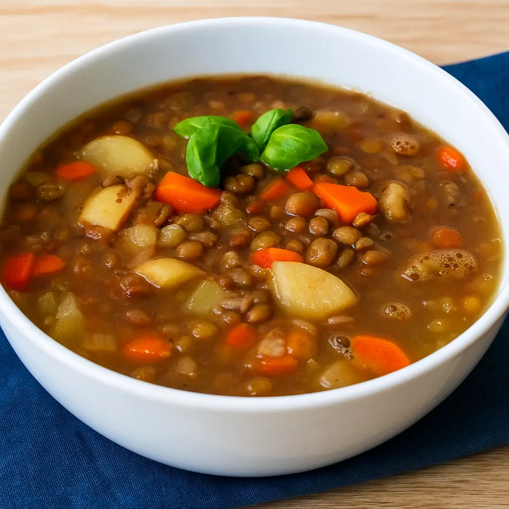 Lentil Potato Soup in rustic bowl with vegetables