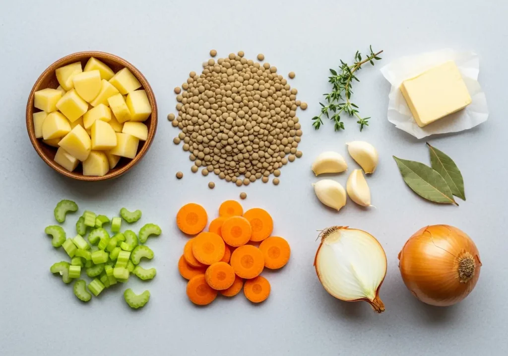 Lentil Potato Soup ingredients flat lay