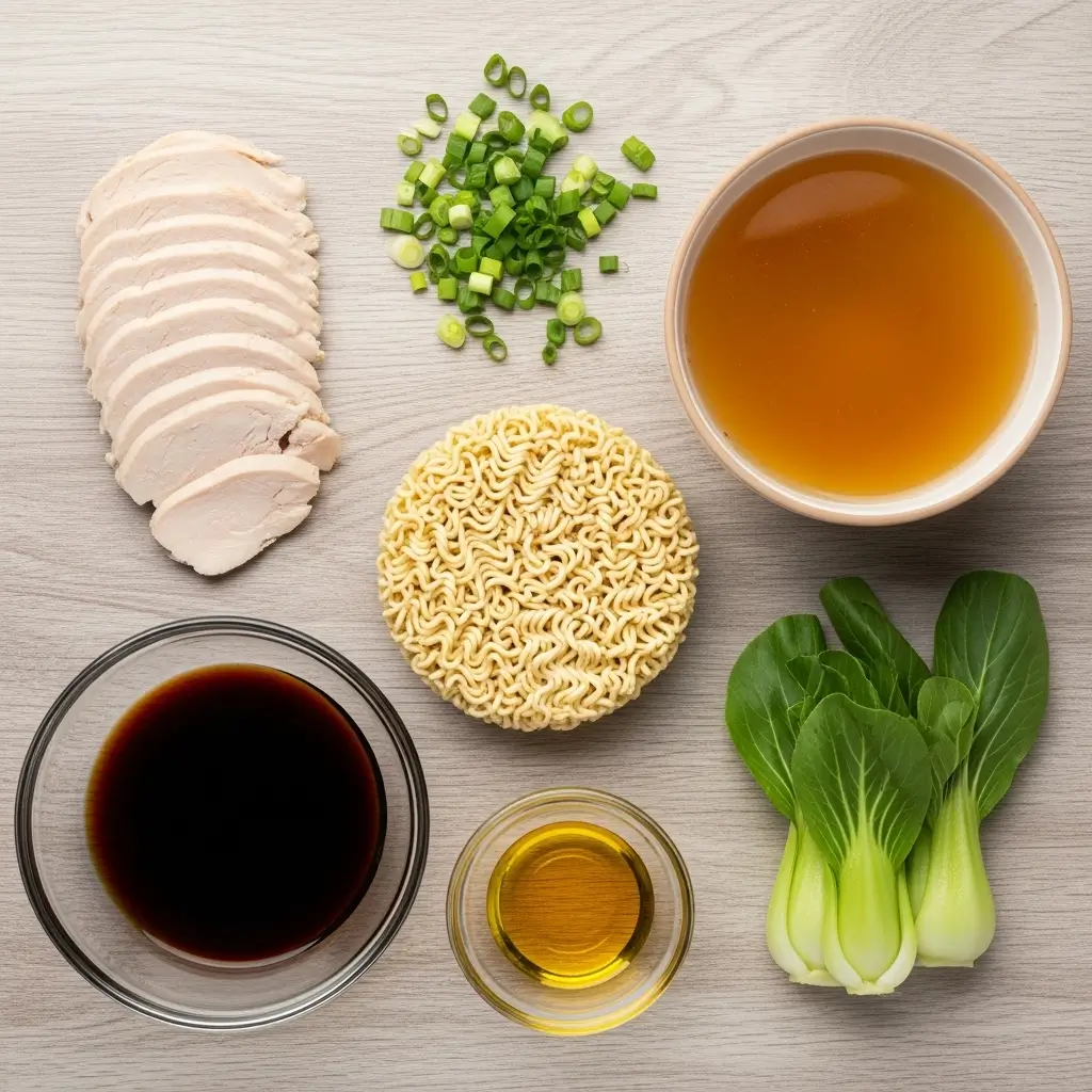 Ingredients for 20 Minute Chicken Ramen on table