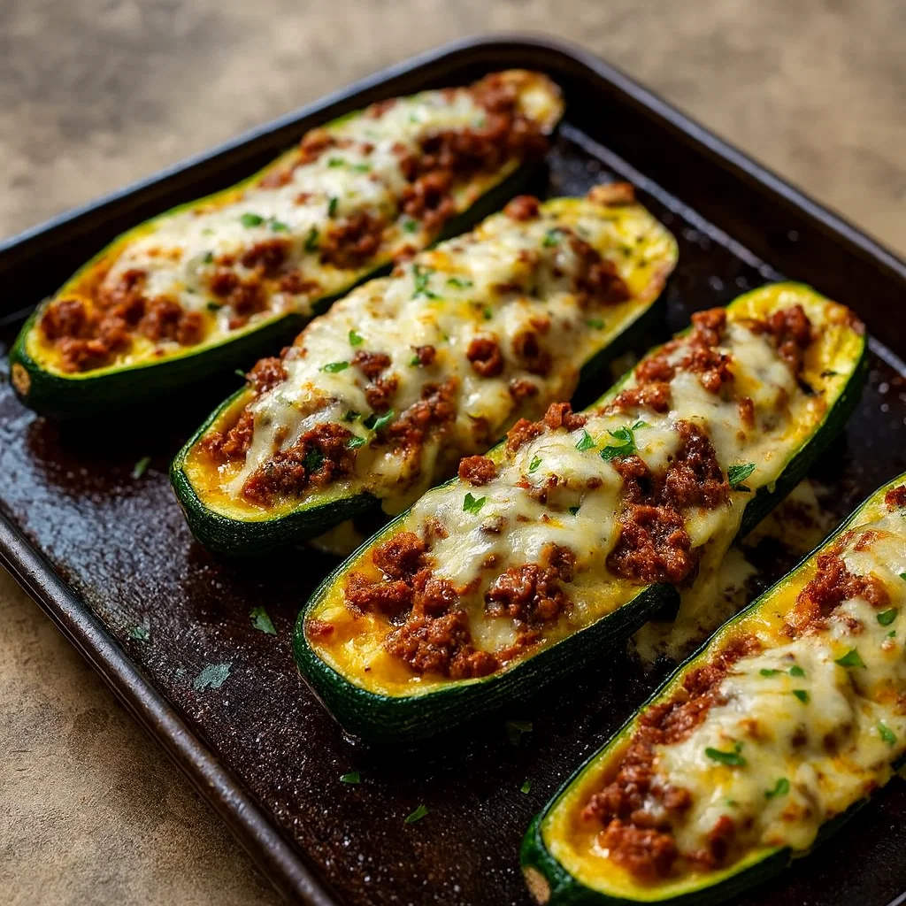 30-Min Ground Beef Zucchini Boats on rustic plate