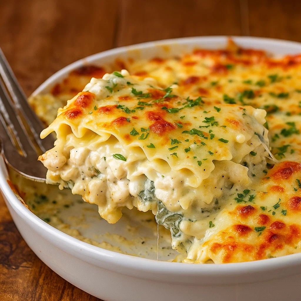 Alfredo Chicken Lasagna baked to golden perfection