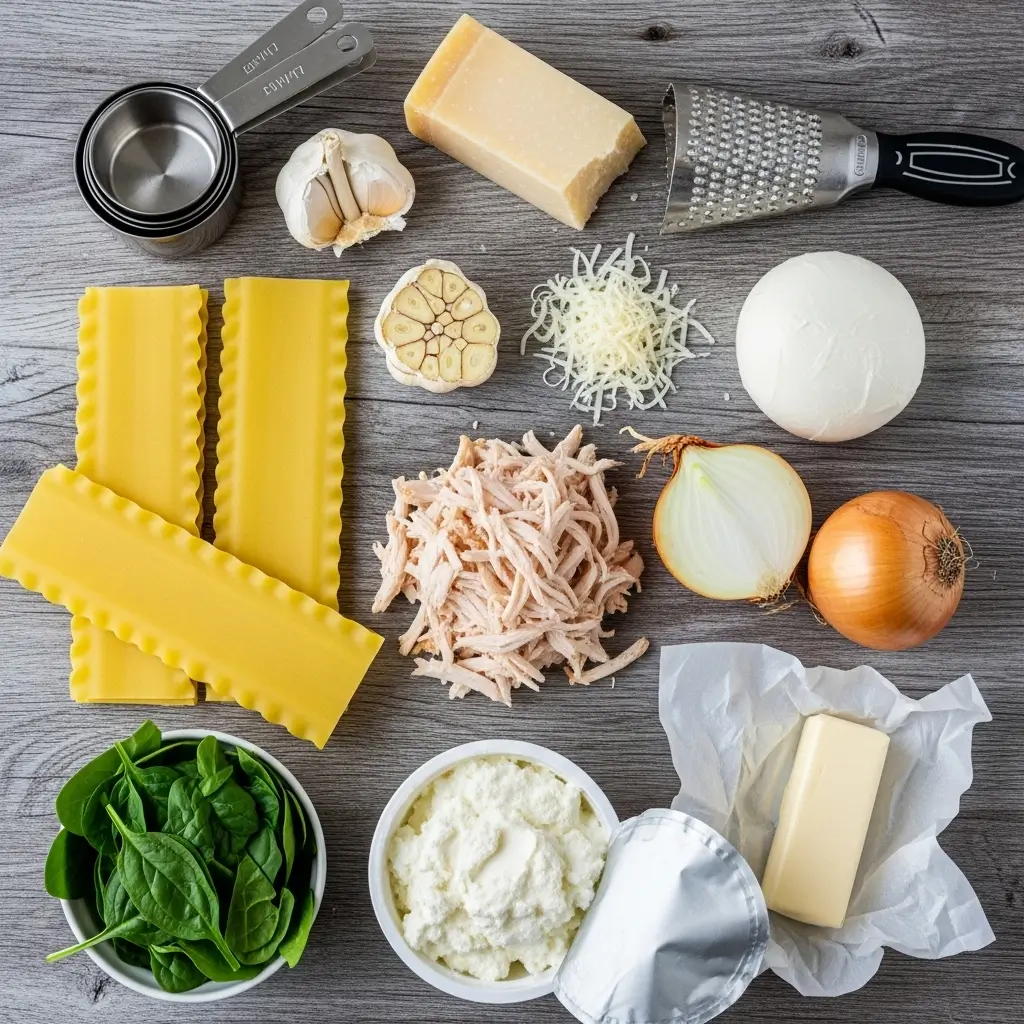 Alfredo Chicken Lasagna ingredients flat lay