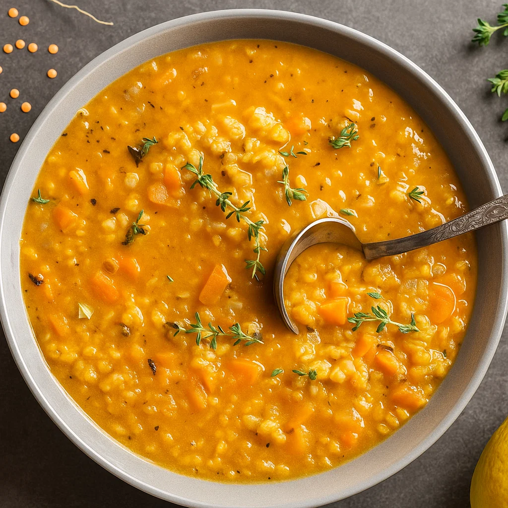 Anti-Inflammatory Lentil Soup in rustic bowl