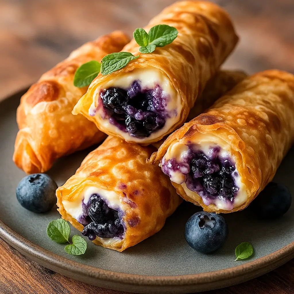 Blueberry Cream Cheese Egg Rolls served on a rustic table