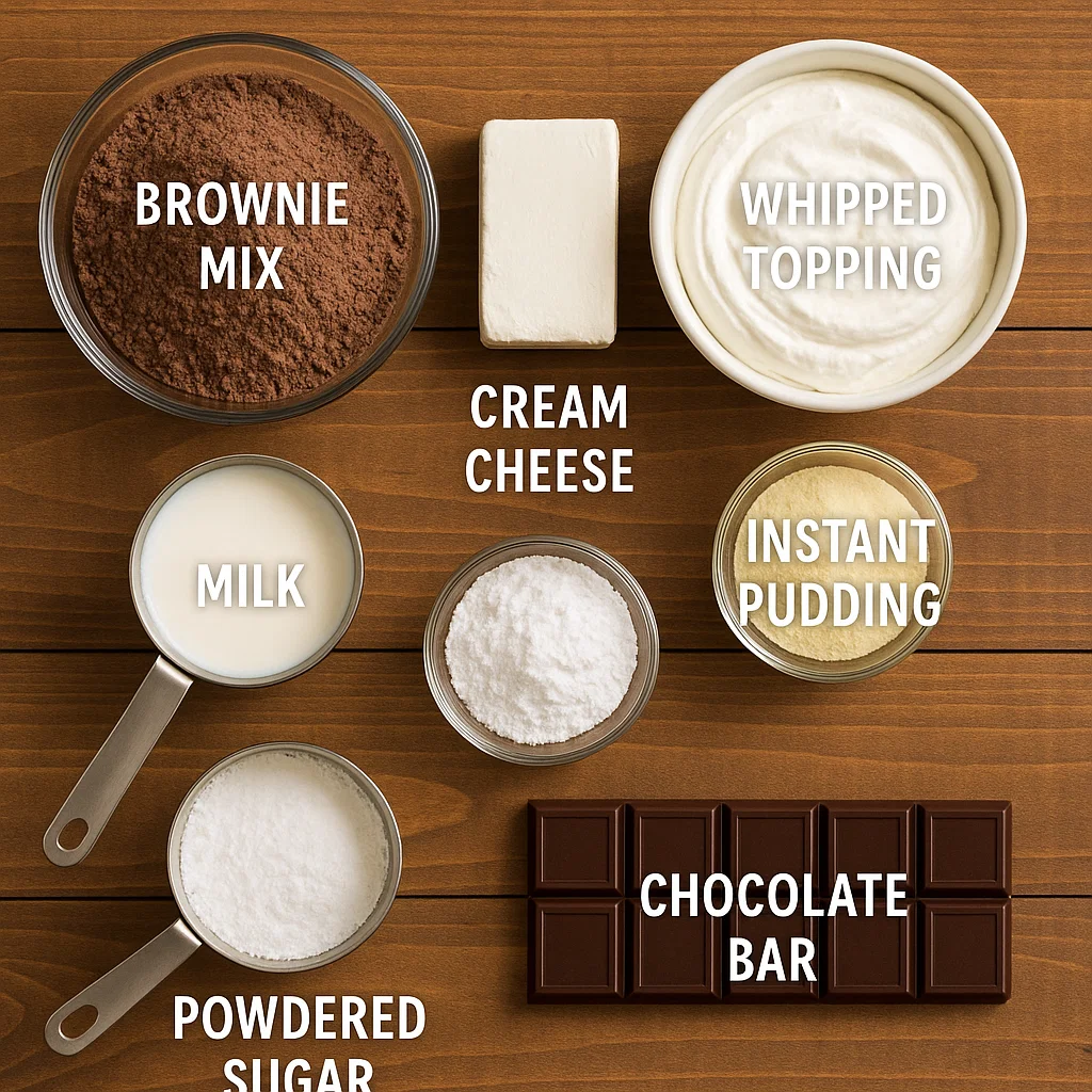 Brownie Refrigerator Cake ingredients flat lay