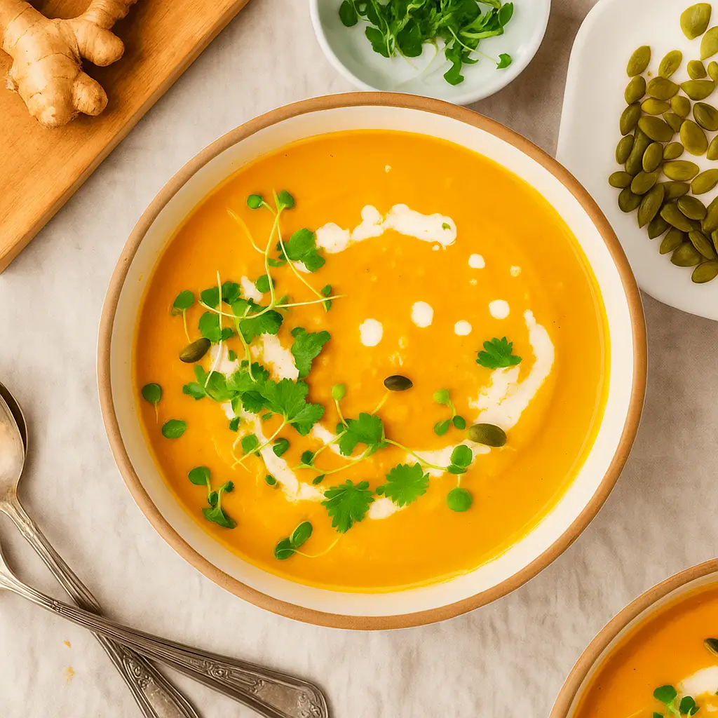 Carrot Ginger Soup in bowl with coconut milk garnish”