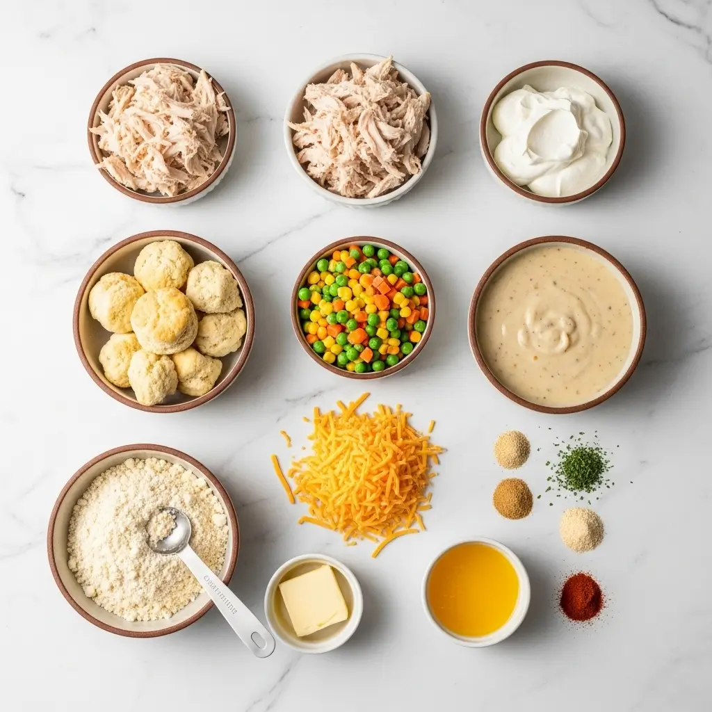Cheddar Bay Chicken Cobbler ingredients flat lay