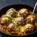 Cheesy French Onion Meatballs in skillet with Gruyère cheese