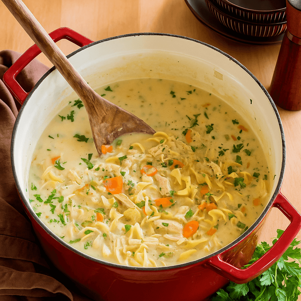 Creamy Chicken Noodle Soup in rustic bowl