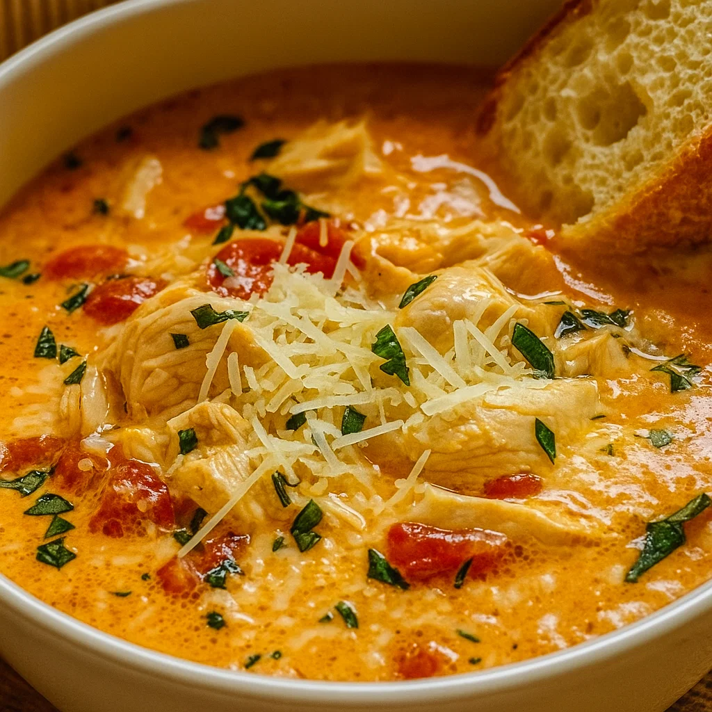 Creamy Chicken Parmesan Soup in rustic bowl