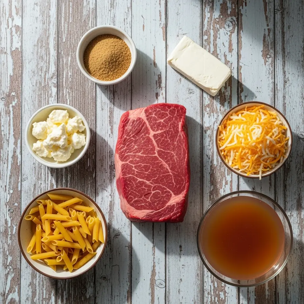 creamy-crockpot-cheesy-ranch-beef-pasta-ingredients