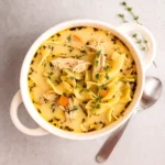 Creamy Turkey Noodle Soup in rustic bowl