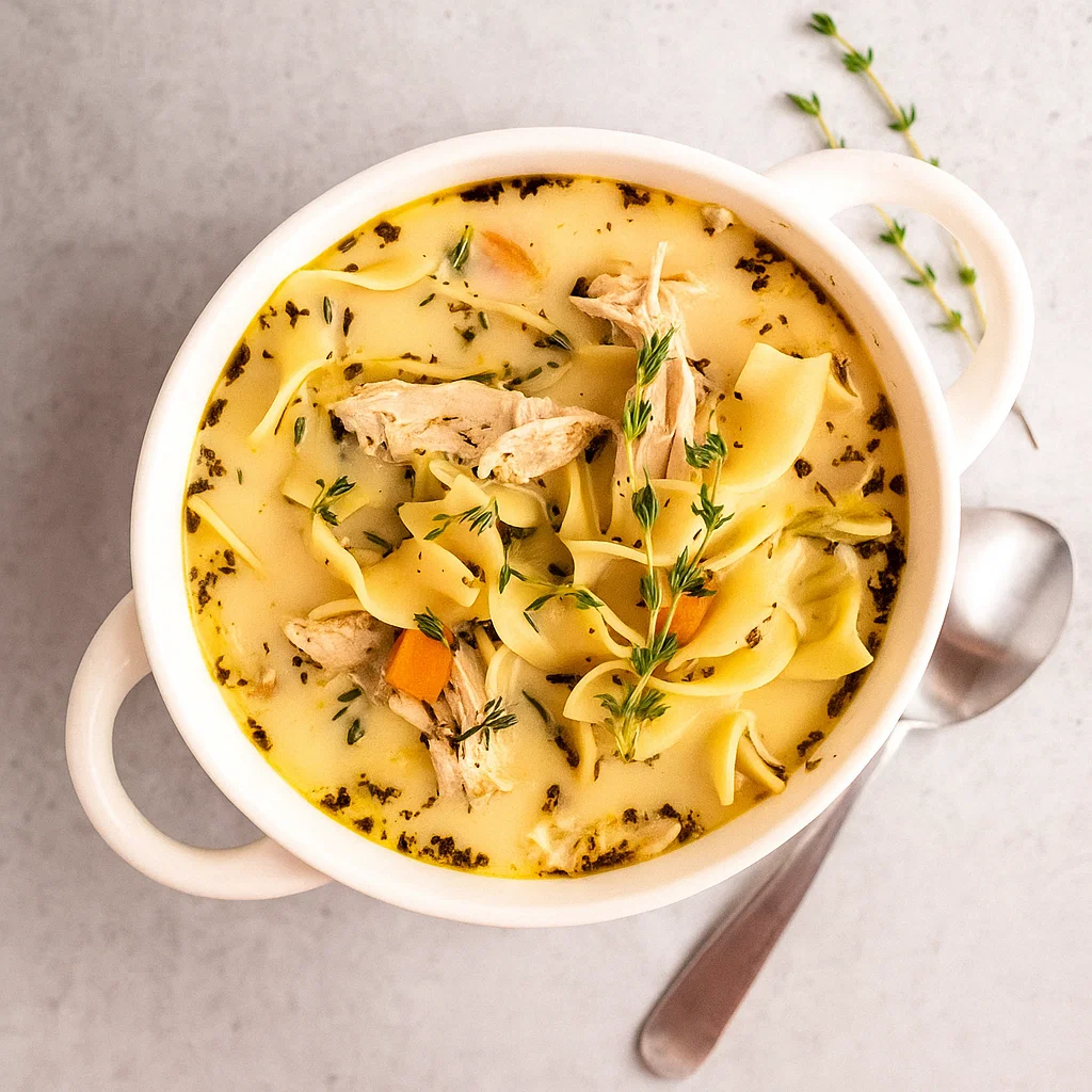 Creamy Turkey Noodle Soup in rustic bowl