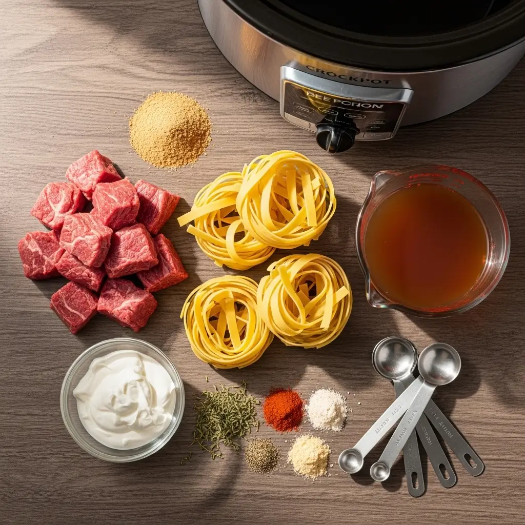 Crockpot Beef and Noodles ingredients flat lay