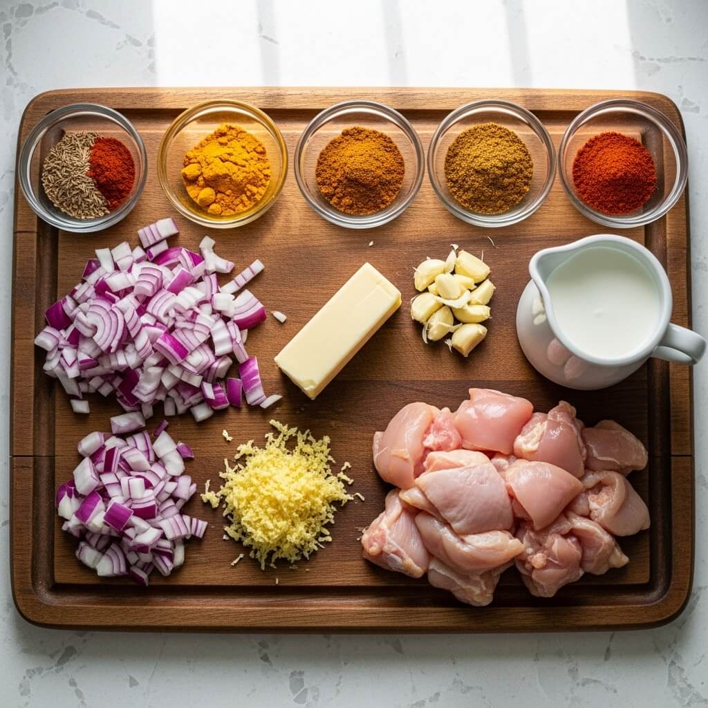 Crockpot Butter Chicken ingredients flat lay