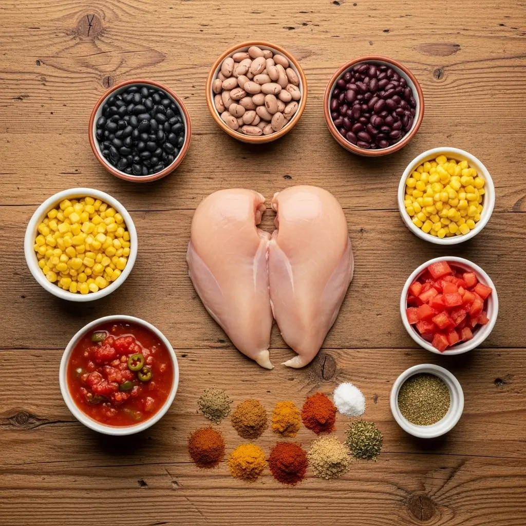 Crockpot Chicken Tortilla Soup ingredients flat lay