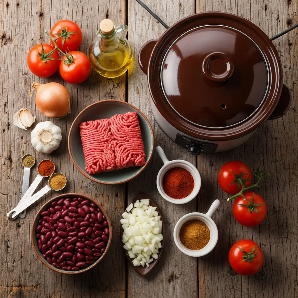 ingredients for crockpot chili with ground beef and beans