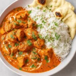Crockpot Creamy Coconut Chicken Tikka Masala served with rice and naan