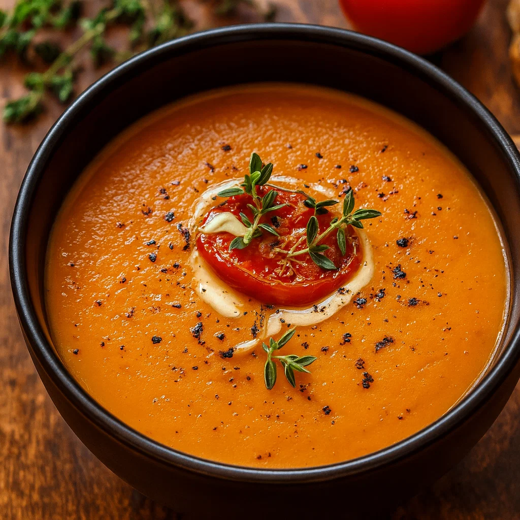 Delicious Creamy Roasted Garlic Tomato Soup in bowl with basil