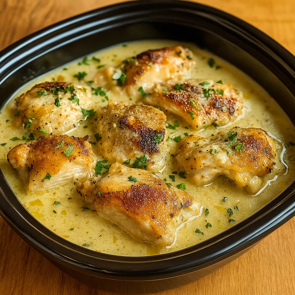 Easy Crockpot Garlic Parmesan Chicken Recipe in creamy sauce