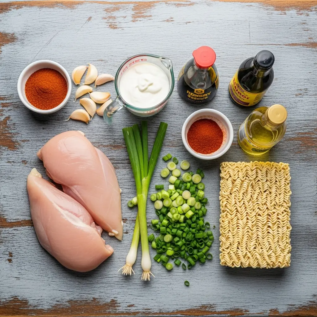 Fiery Chicken Ramen Ingredients with Creamy Garlic Sauce