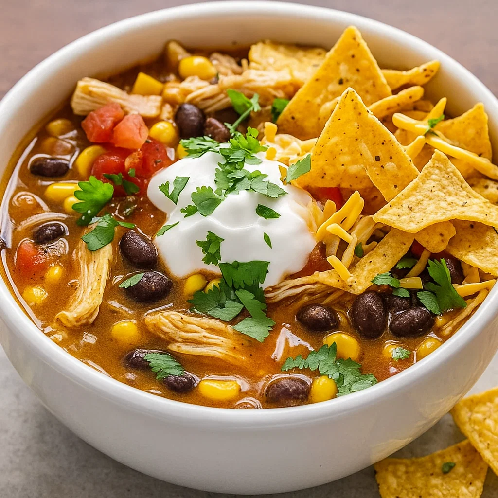 flavorful slow cooker chicken tortilla soup in cozy kitchen