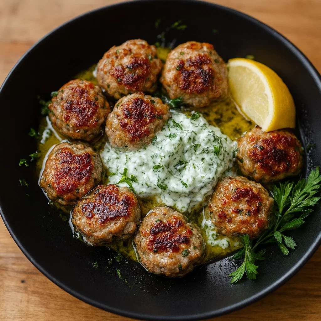 Greek Turkey Meatballs & Tzatziki on serving plate
