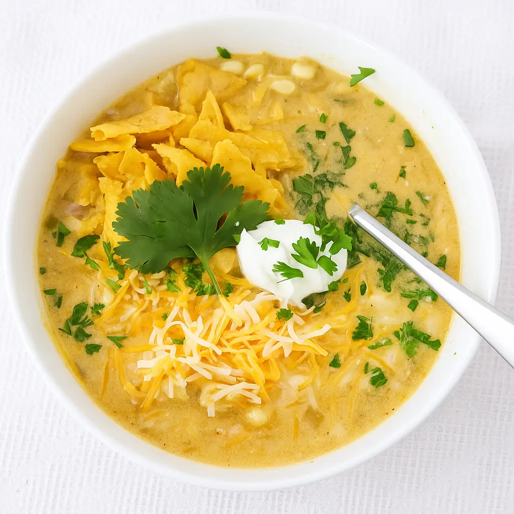 Green Enchilada Chicken Soup in a rustic bowl