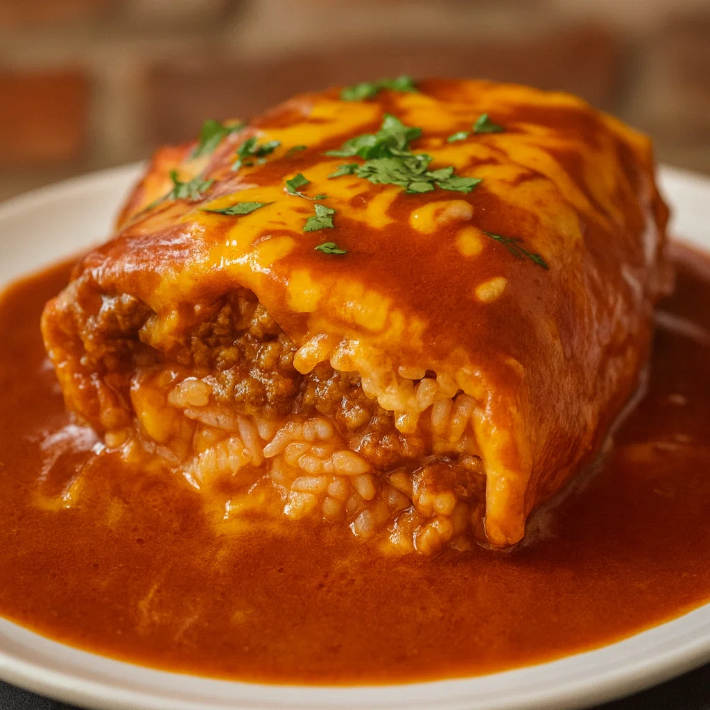 Ground Beef Wet Burrito served with sauce and cheese