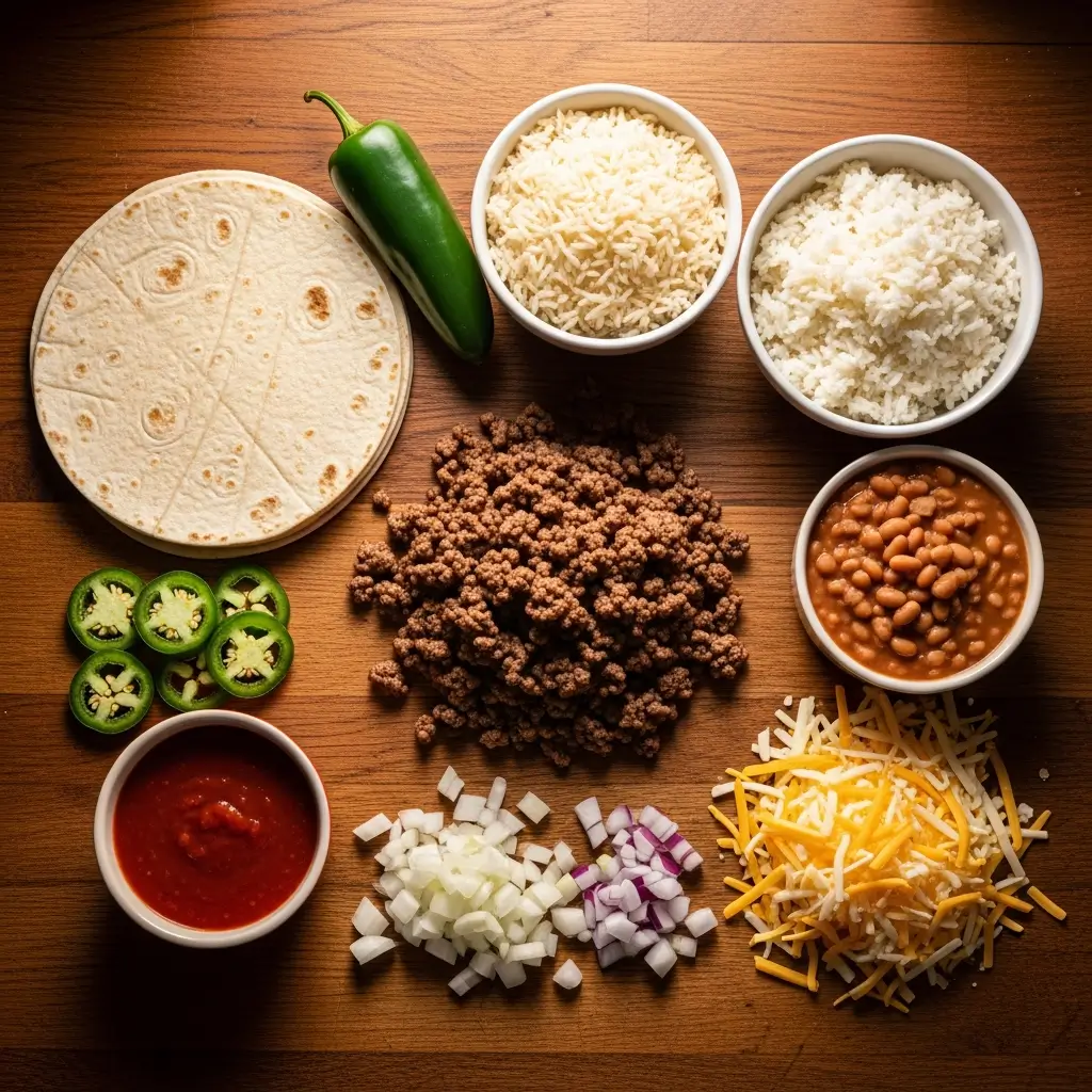 Ground Beef Wet Burrito ingredients flat lay