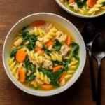 Ground Turkey Soup with Vegetables and Pasta in a bowl with crusty bread
