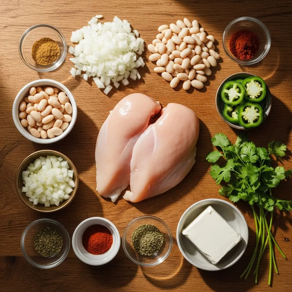 Healthy Crockpot White Chicken Chili ingredients prep
