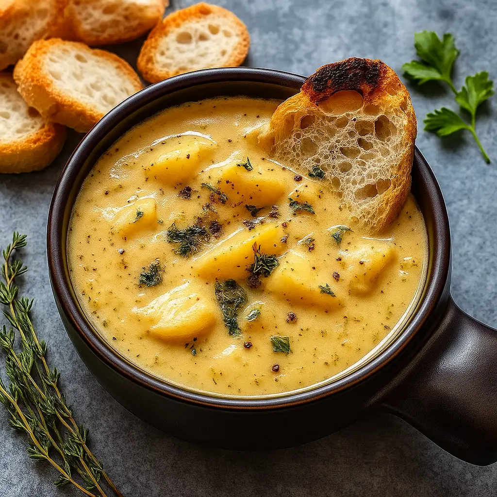 hearty cheddar garlic herb potato soup in a bowl