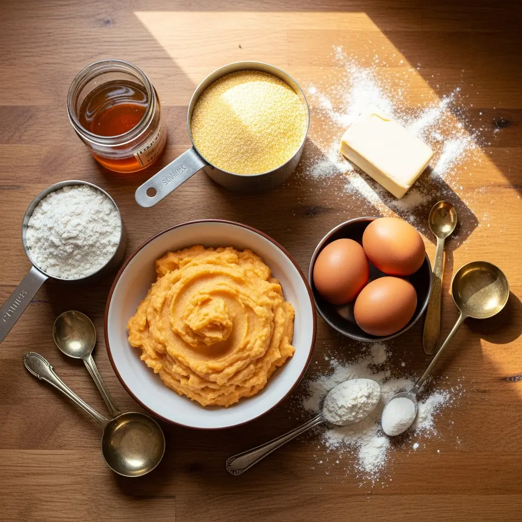 Honey Butter Sweet Potato Cornbread ingredients on wooden table