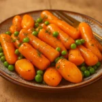 Honey Glazed Carrots & Peas in a skillet