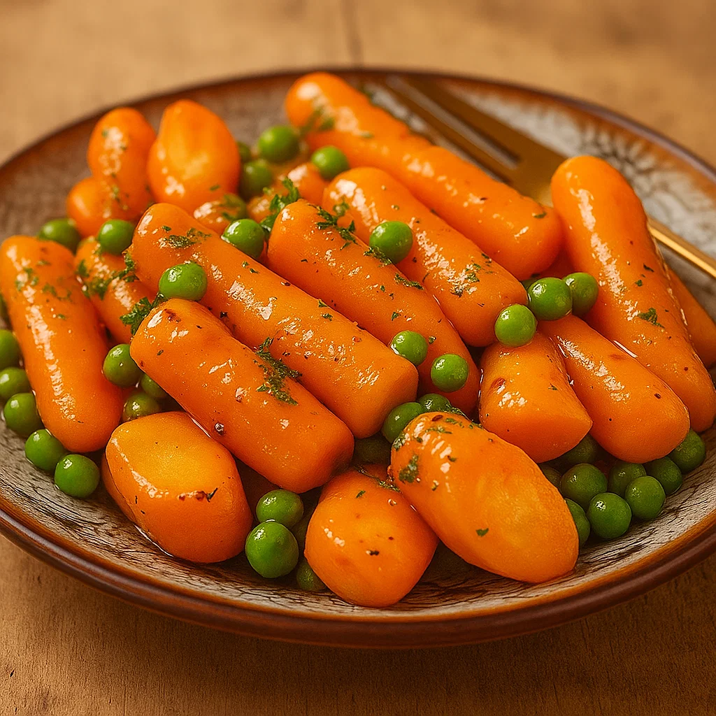 Honey Glazed Carrots & Peas in a skillet