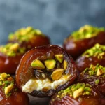 Honey Pistachio Ricotta Stuffed Dates on rustic table