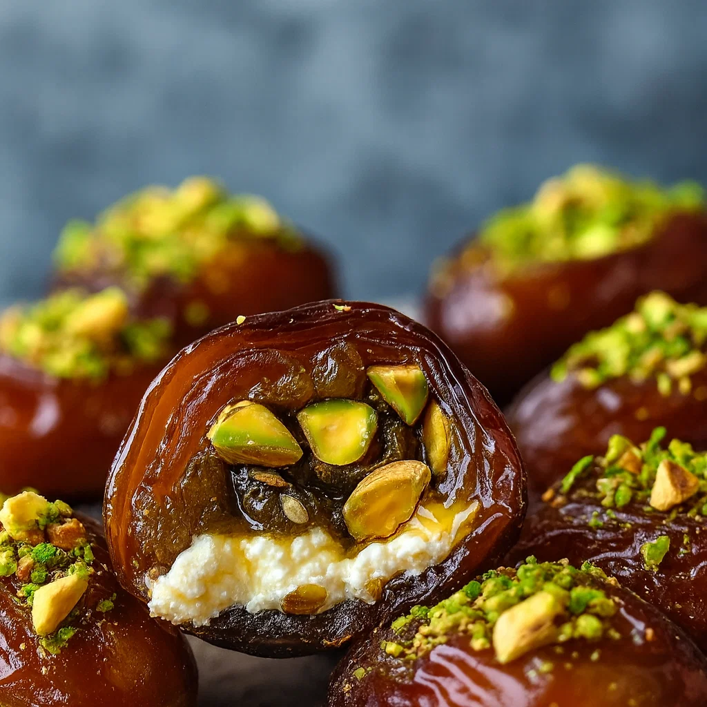 Honey Pistachio Ricotta Stuffed Dates on rustic table