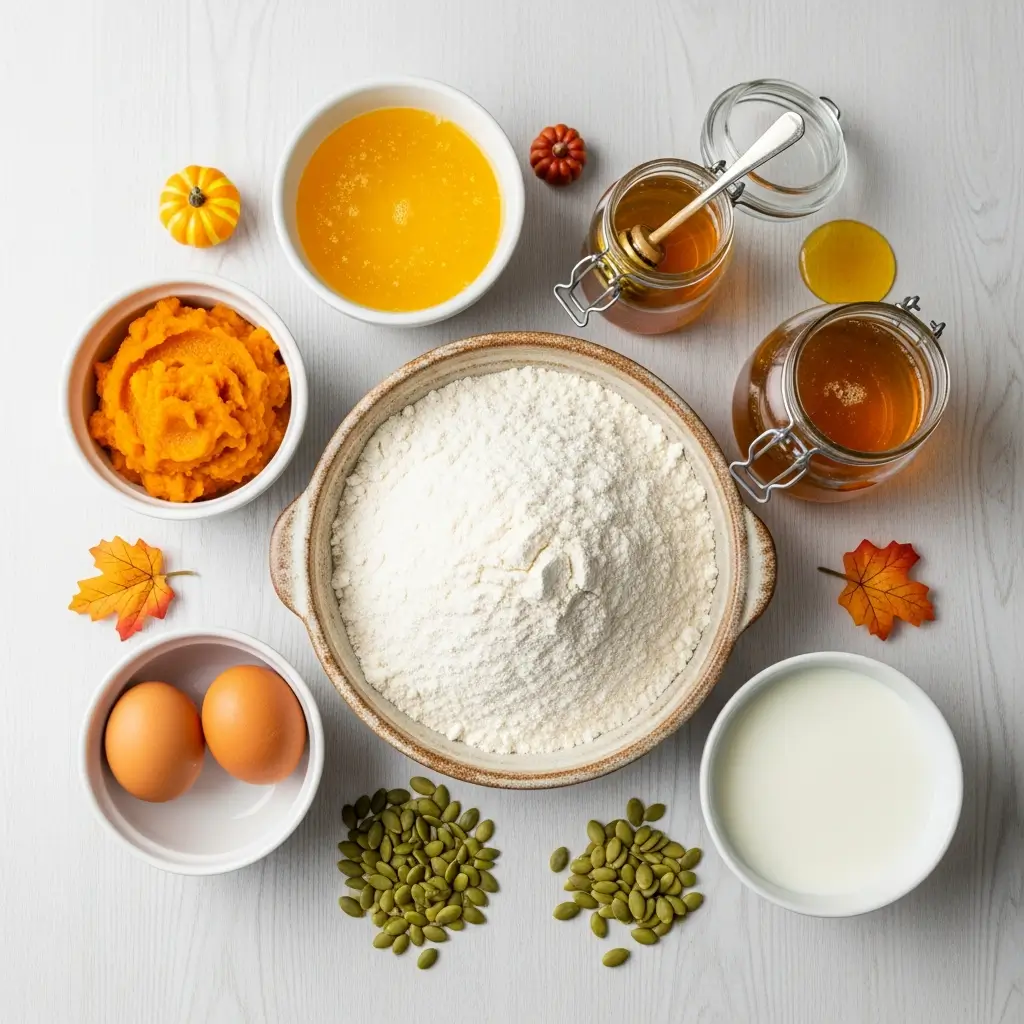 Ingredients for Honey Pumpkin Dinner Rolls arranged neatly on a kitchen counter
