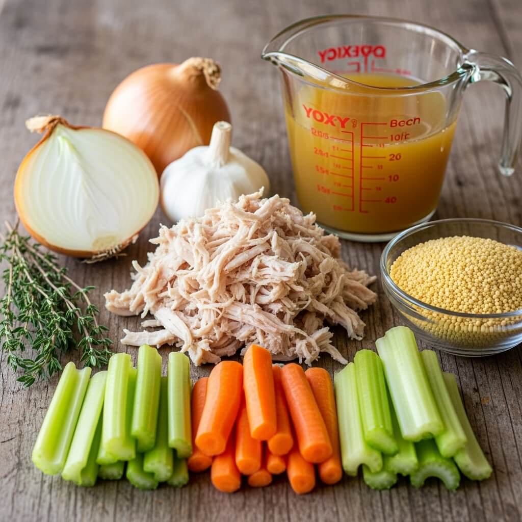 Ingredients for Leftover Turkey Soup: Pearl Couscous, Carrots, Turkey, and More
