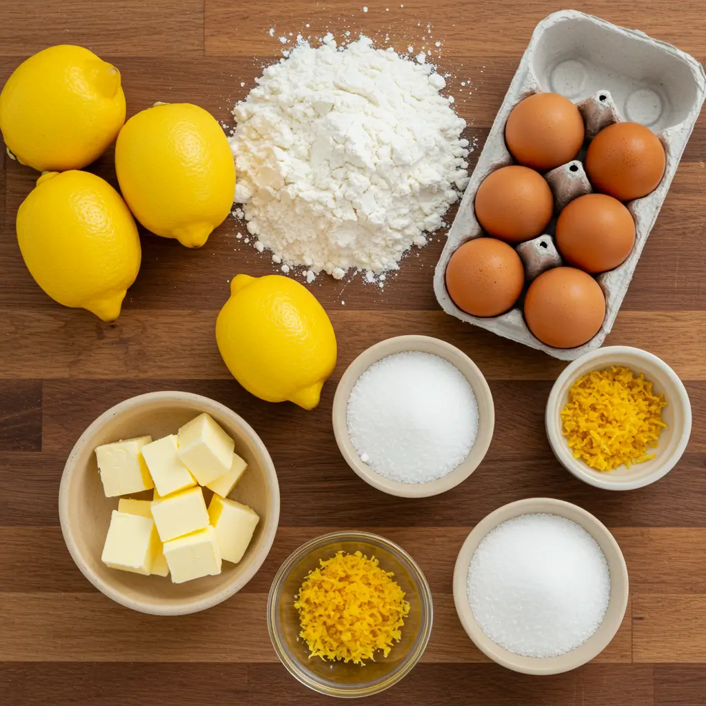 Ingredients for Lemon Crumb Bars on a wooden counter