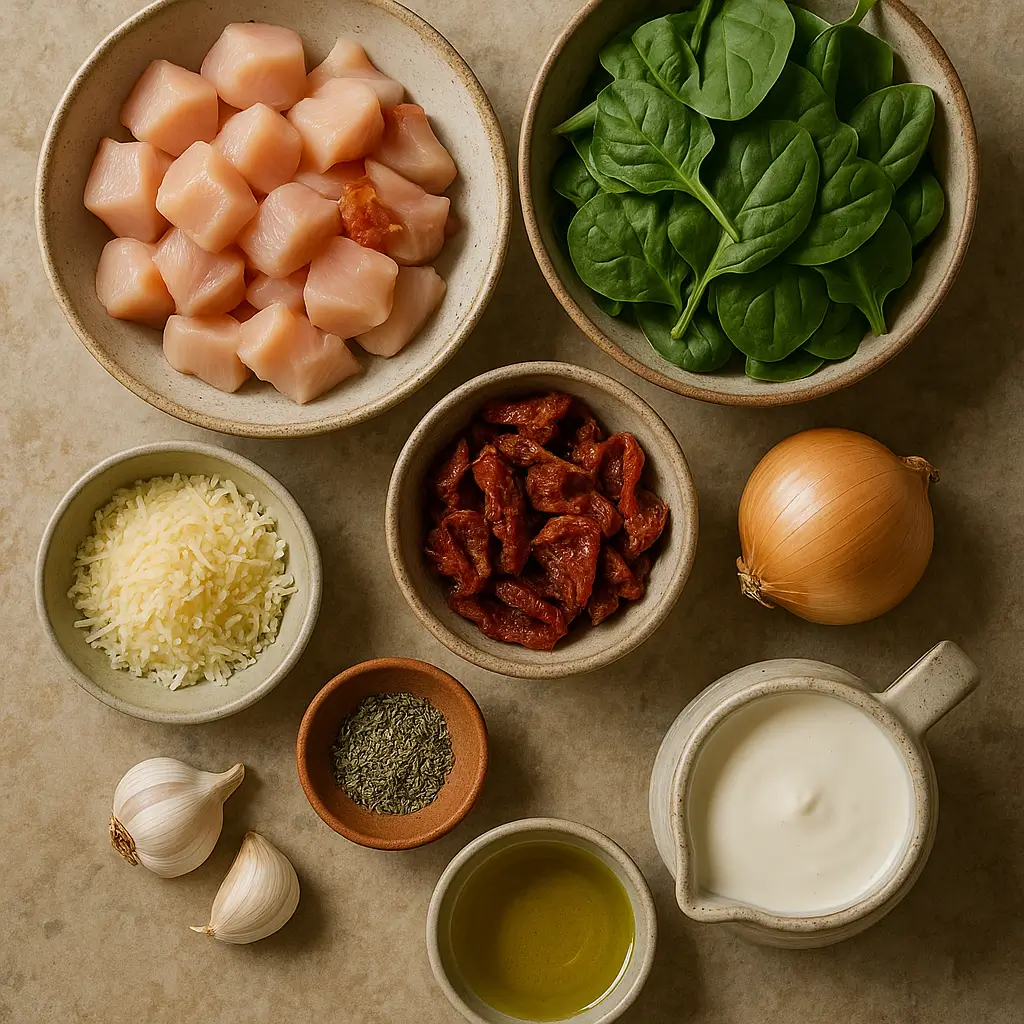 Marry Me Chicken Soup (Tuscan Style) ingredients flat lay