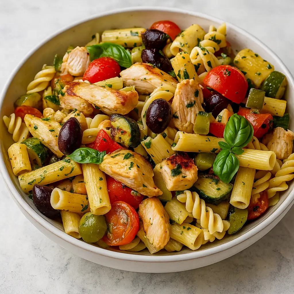 Mediterranean Chicken Pasta Salad with feta and olives