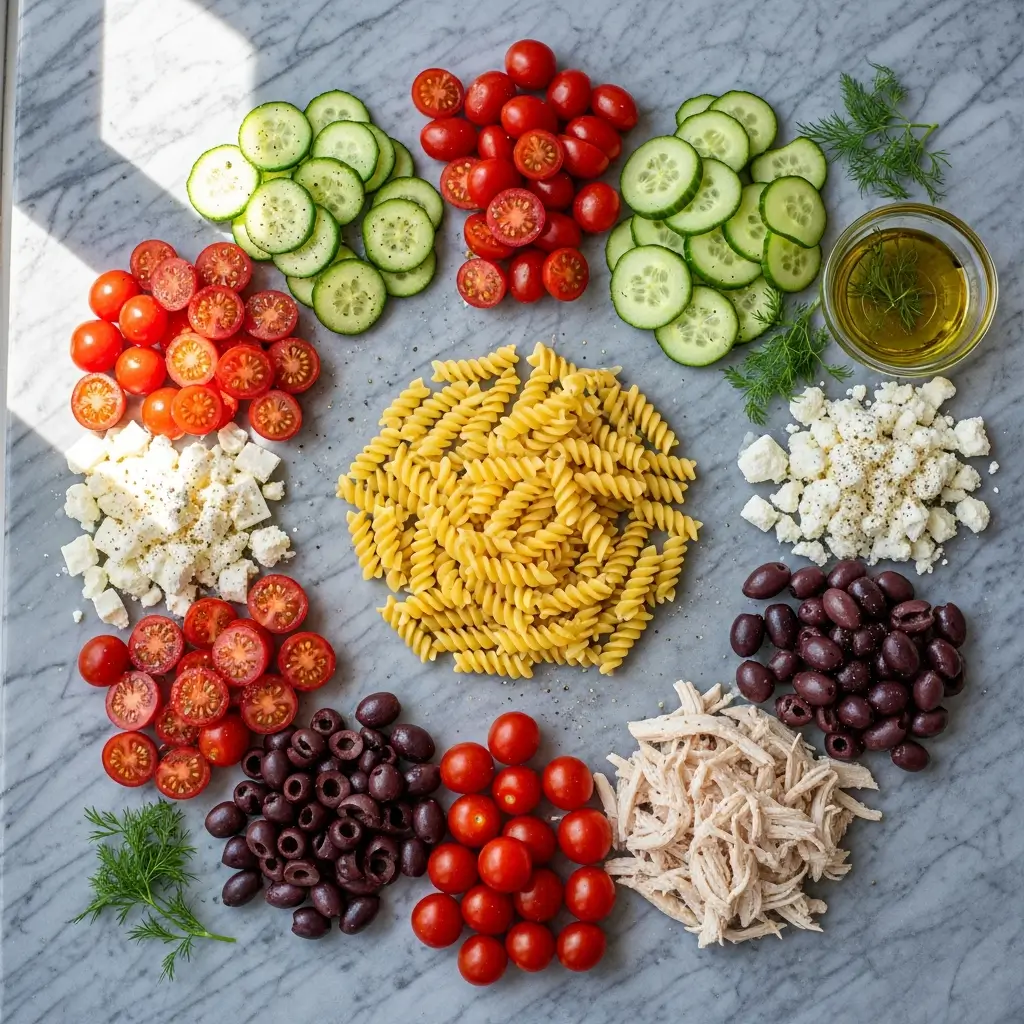 Mediterranean Chicken Pasta Salad Ingredients on Table
