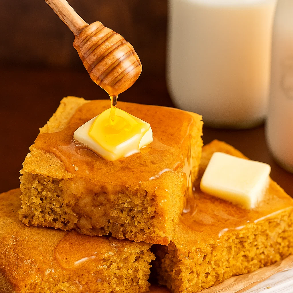 Moist Sweet Cornbread with butter and honey drizzle