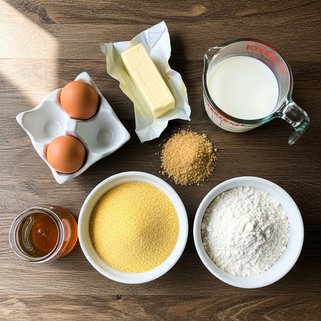 Moist Sweet Cornbread ingredients laid out on kitchen counter