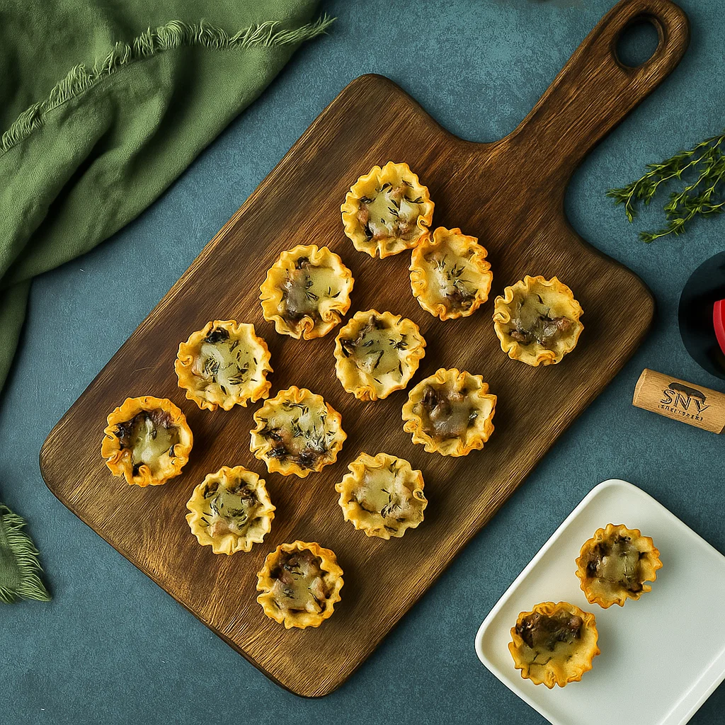 Mushroom Tartlets appetizer on wooden table