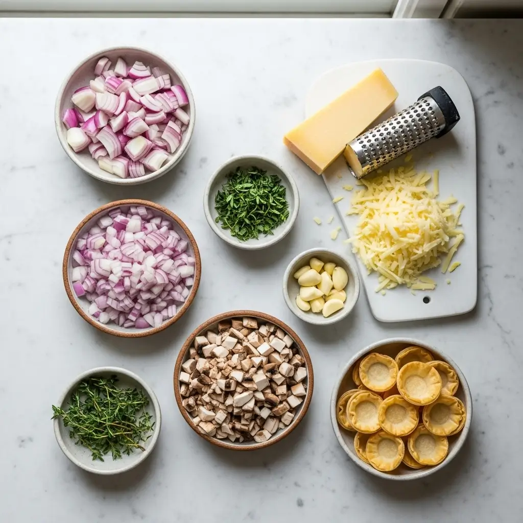 Mushroom Tartlets ingredients on marble counter